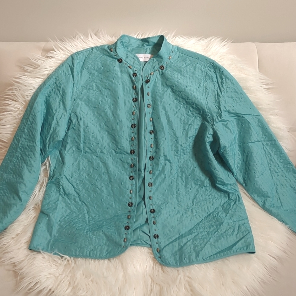 Alfred Dunner Women's Plus 16W Teal Aqua Beaded Quilted Open Front Jacket